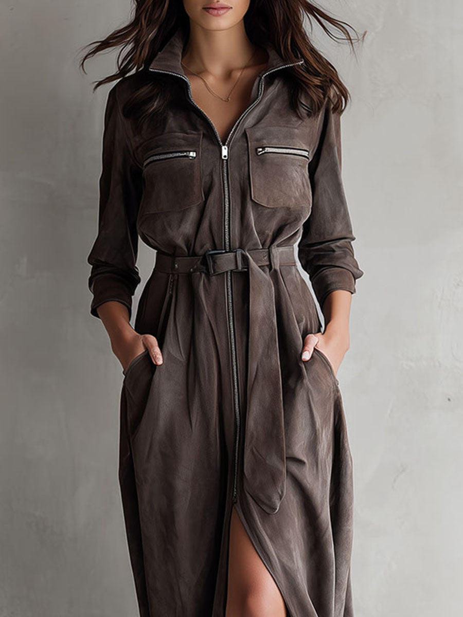 Utility Taupe Eco Suede Zipper Belted Maxi Dress