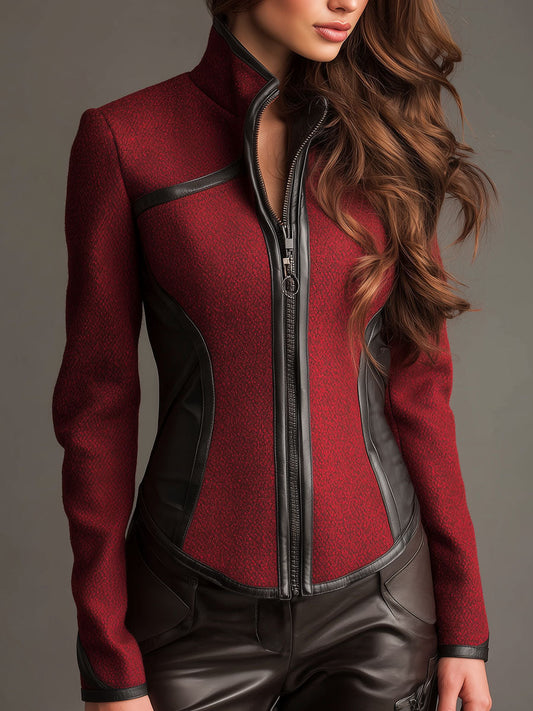 Stand Collar Eco Leather Trim Red Wool-Blend Moto Fitted Jacket