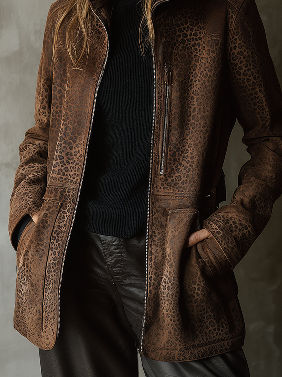 Vintage Distressed Suede Leopard Print Straight Jacket