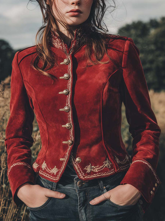 Vintage Crimson Baroque Embroidered Microsuede Blazer