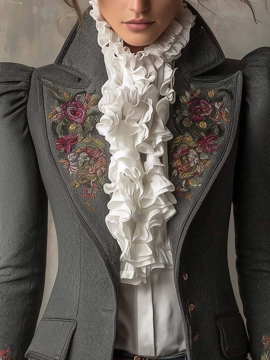 Vintage Wool-Blend Embroidered Tailored Blazer With Ruffled Cuffs