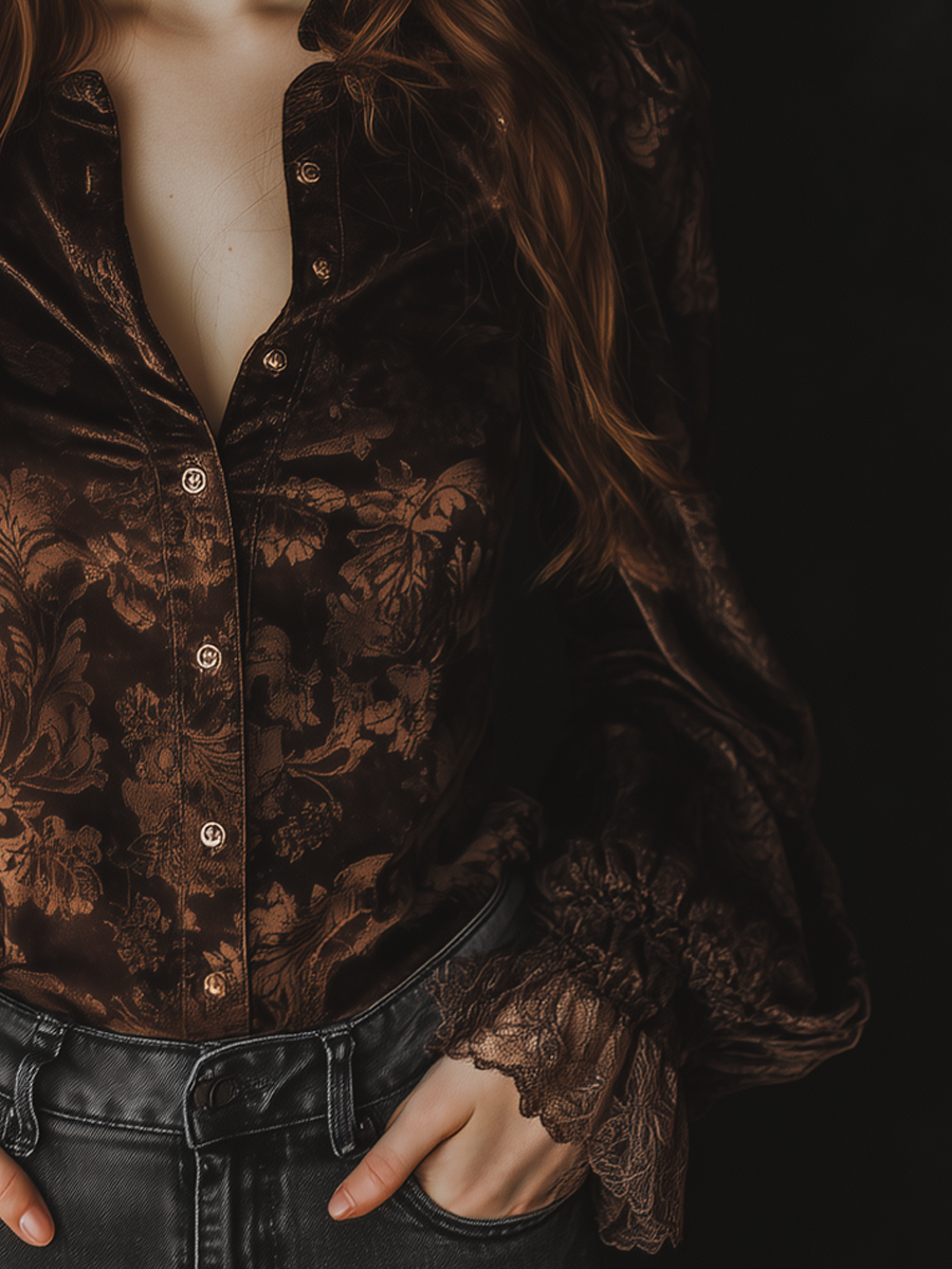 Vintage Printed Lace Cuffs Poly Velvet Blouse
