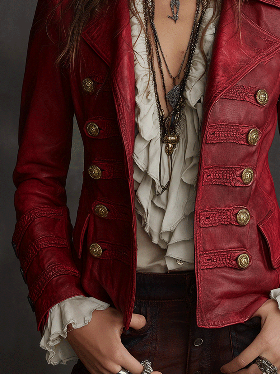 Bohemian Vintage Crimson Military-Style Eco-Leather Jacket