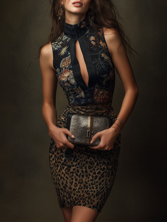 Retro Leopard Print Party Mini Dress With Keyhole Neckline