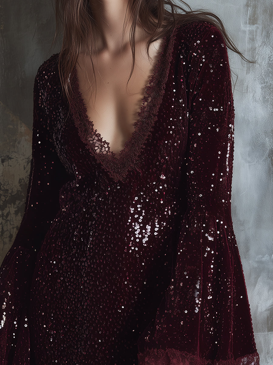 Quiet Luxury Party Sequined Lace Trumpet Sleeve Mini Dress