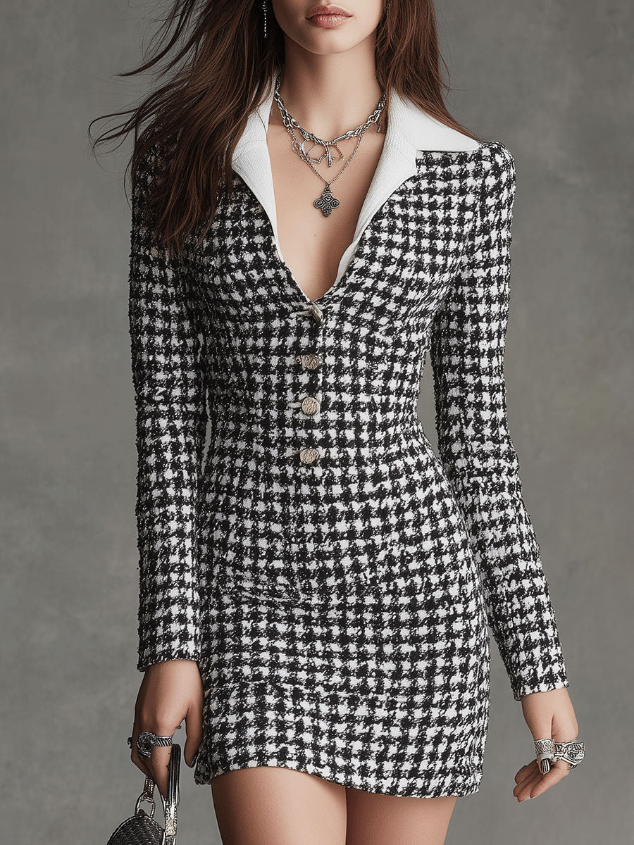 Elegant Black And White Houndstooth Fitted Blazer Mini Dress