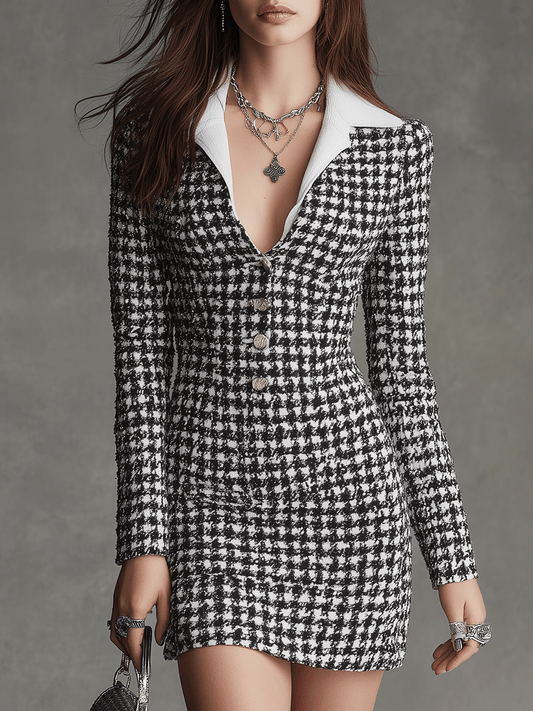 Elegant Black And White Houndstooth Fitted Blazer Mini Dress