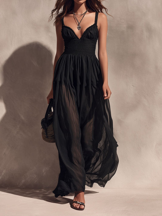 Elegant Boho Black Smocked Chiffon Maxi Dress