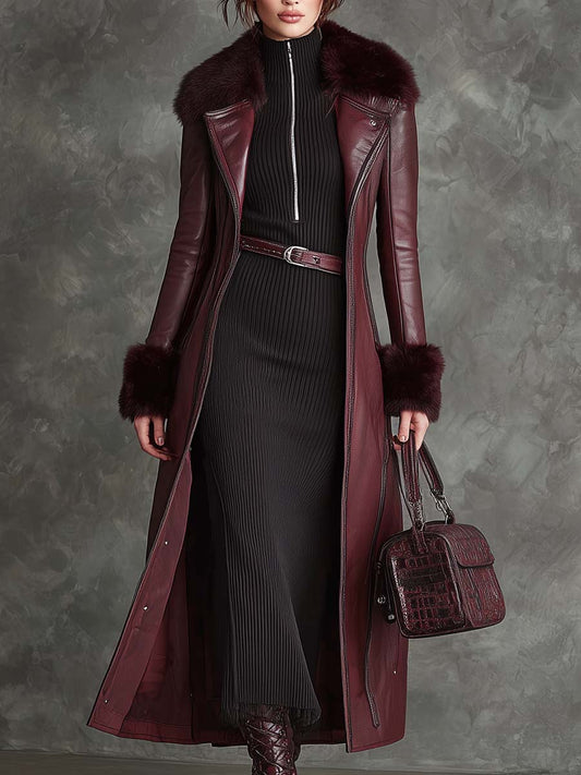 Wine Red Eco-Leather Long Coat With Faux Fur Collar & Cuffs