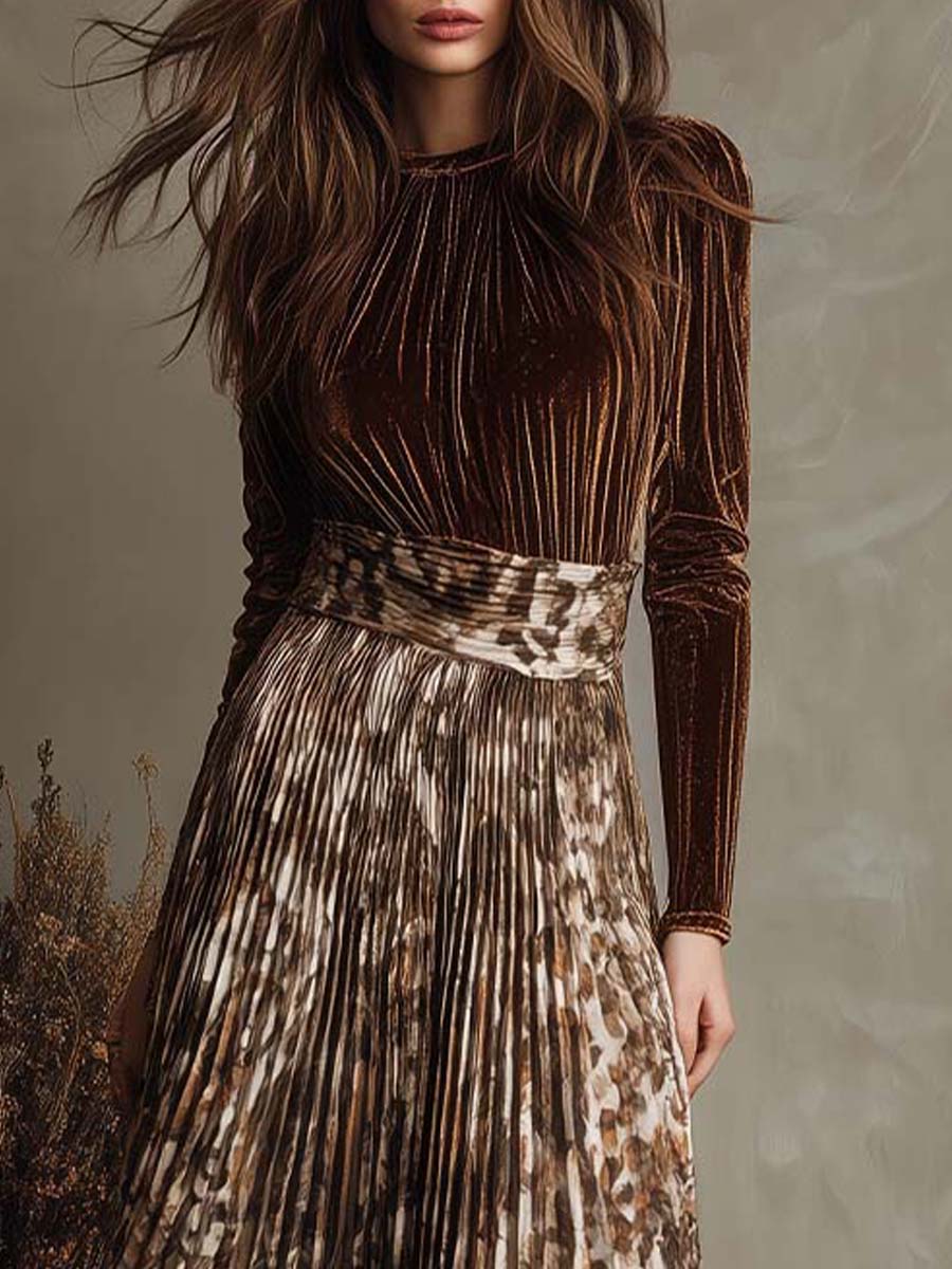Velvet And Pleated Chiffon Patchwork Midi Dress With Earth-Tone Print