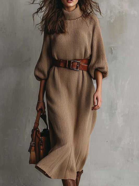 Vintage Camel Knit Turtleneck Midi Dress