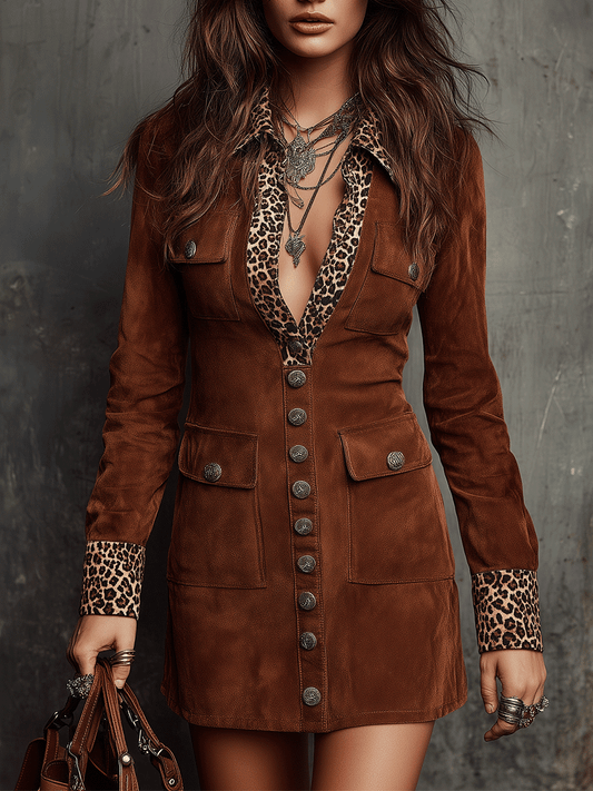 Vintage Suede With Leopard Trim Mini Dress
