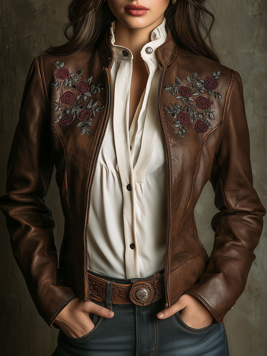 Vintage Western Embroidered Eco Leather Jacket With Rose Motif