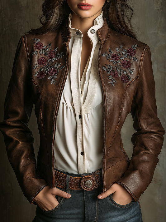 Vintage Western Embroidered Eco Leather Jacket With Rose Motif