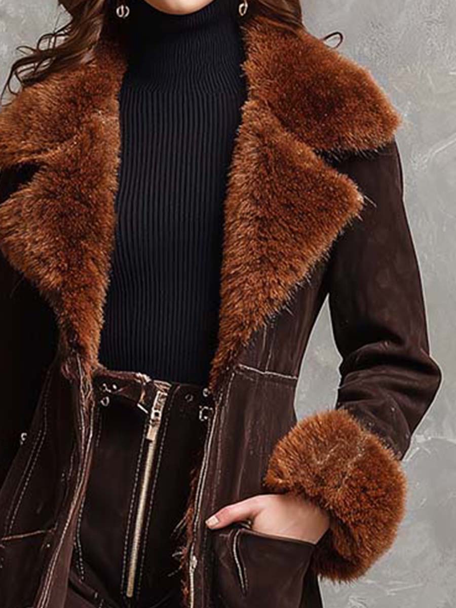 Chocolate Brown Faux Suede Long Coat With Fur Trim – Toscana Winter Luxury