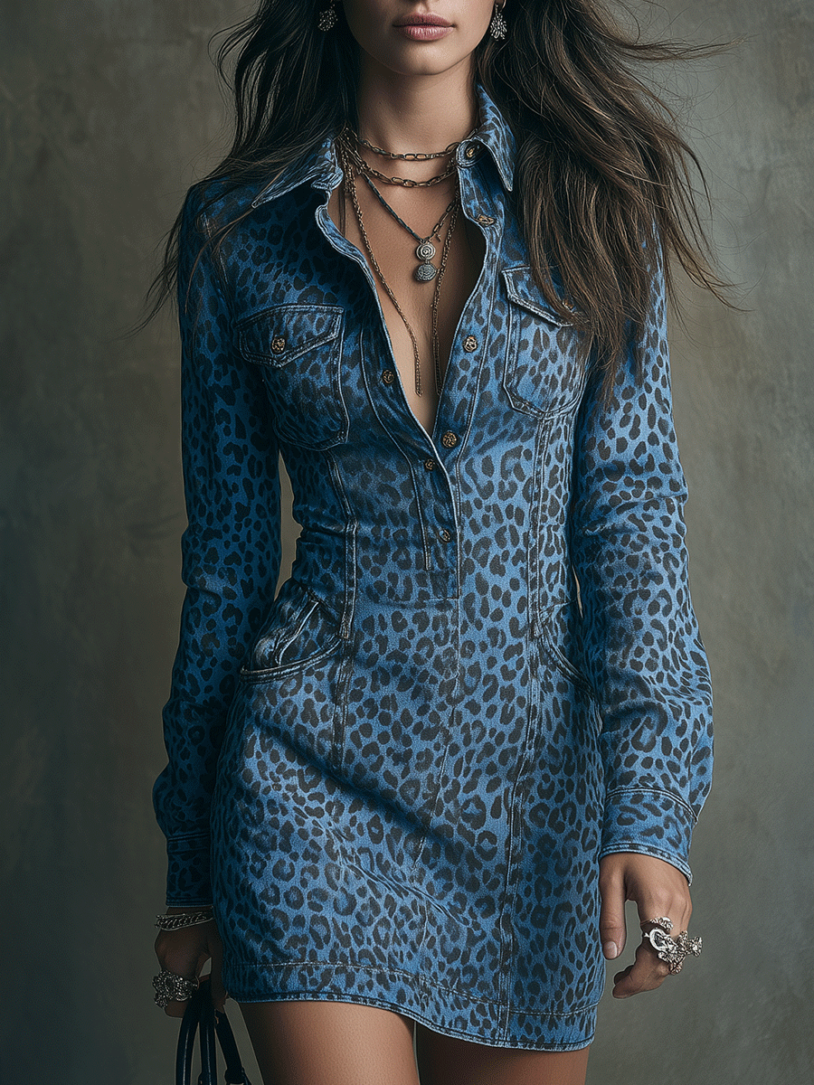 Urban Bohemian Blue Leopard Print Denim Slim Fit Mini Dress