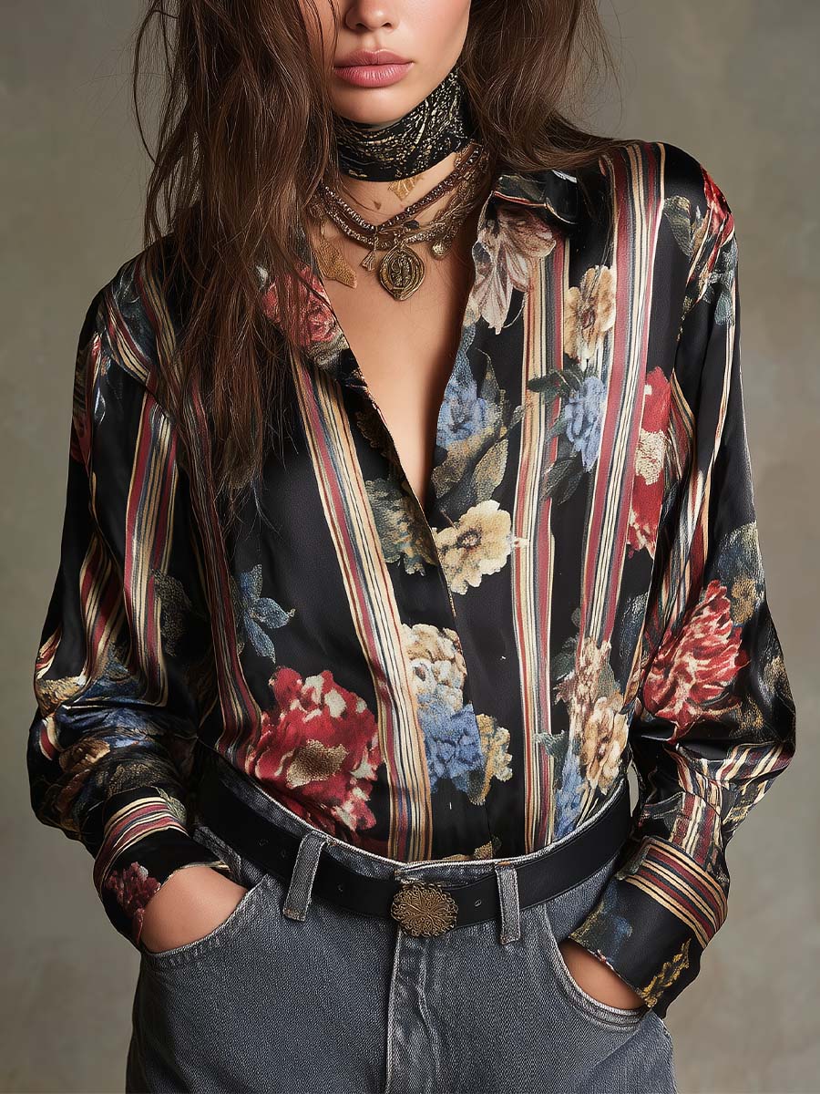 Vintage Boho Floral Stripe Blouse