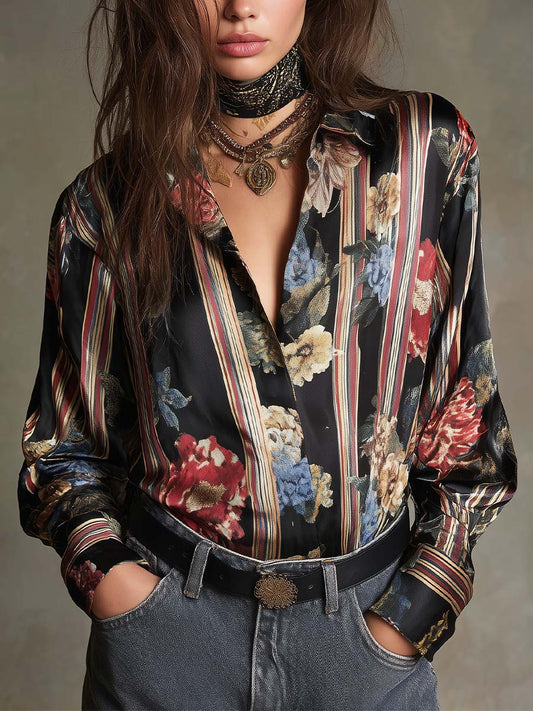 Vintage Boho Floral Stripe Blouse