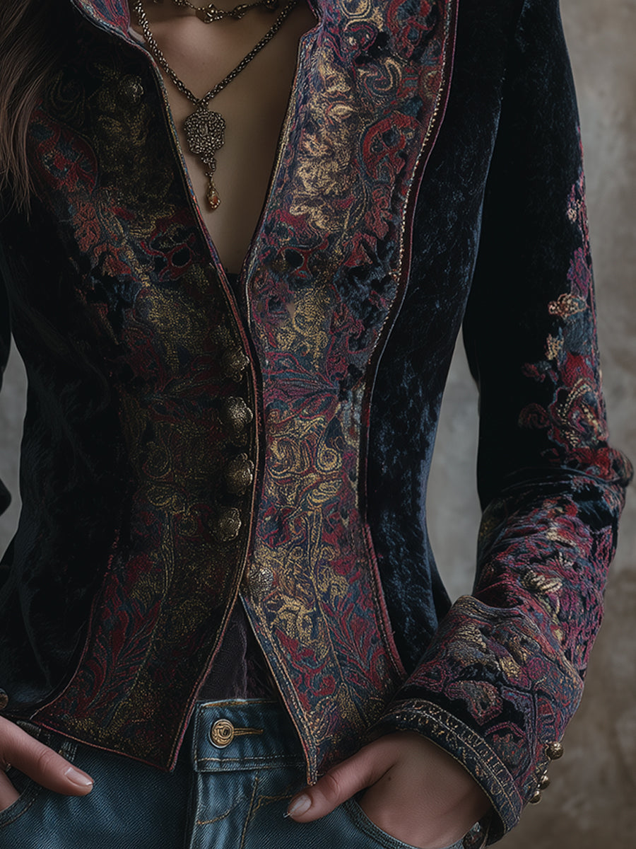 Quiet Luxury Velvet Stand Collar Retro Pattern Jacket