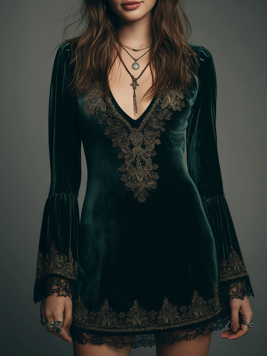 Elegant Deep Green Velvet Gold Embroidery V-Neck Lace Hem Detail  Mini Dress