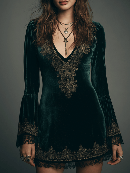 Elegant Deep Green Velvet Gold Embroidery V-Neck Lace Hem Detail  Mini Dress