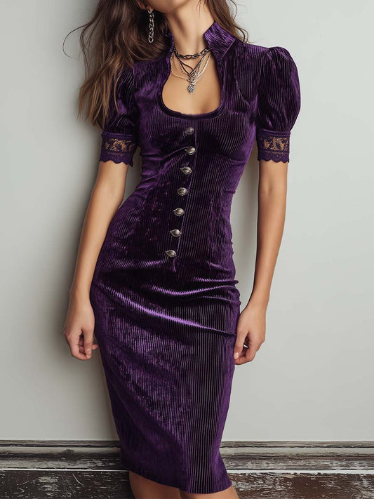 Retro Elegant Purple Striped Velvet Slim Midi Dress