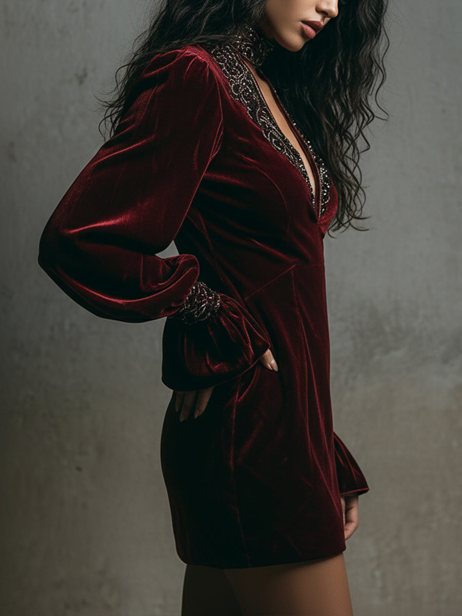 Quiet Luxury Embroidered Keyhole Collar Polyester Velvet Mini Dress