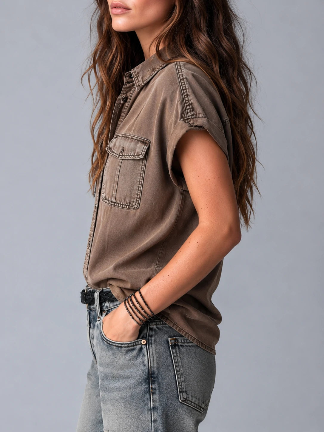 Retro Contrast Stitching Pocket Short-Sleeved Shirt