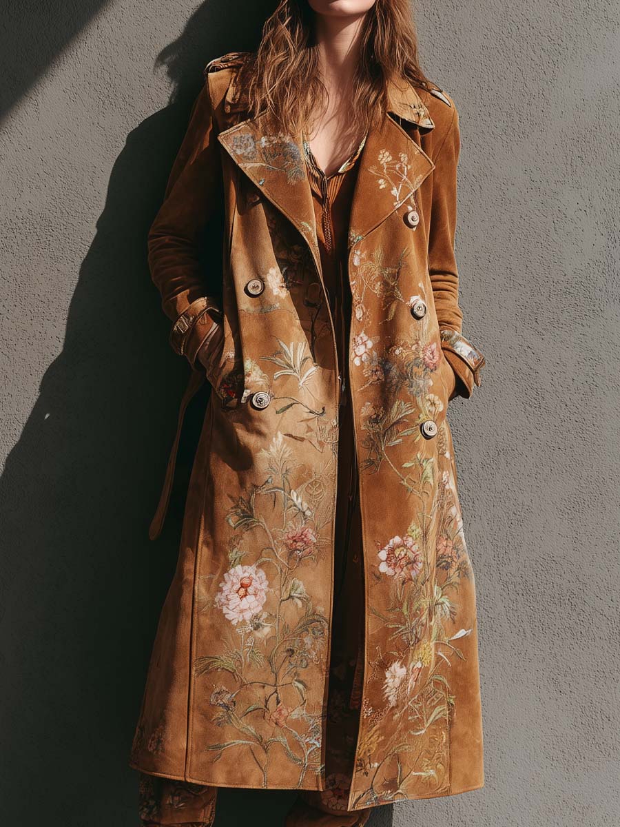 Printed Microfiber Suede Maxi Trench Coat