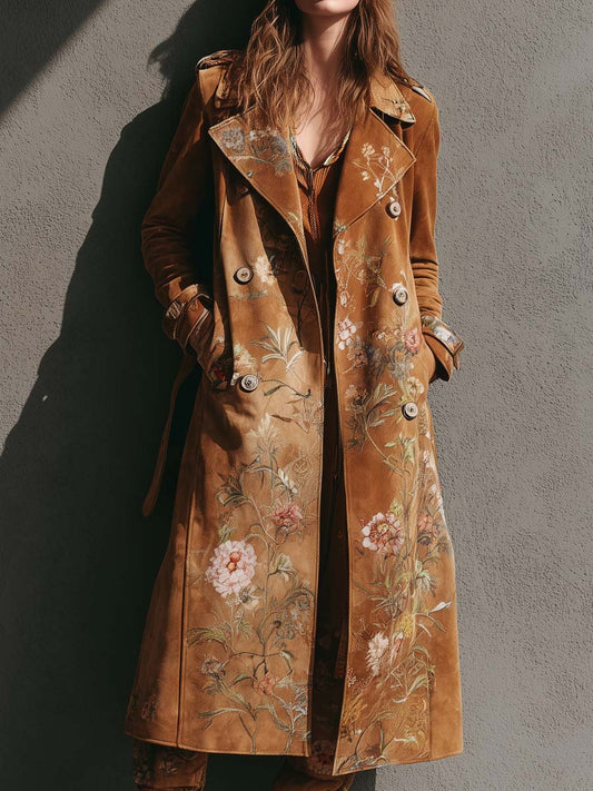 Printed Microfiber Suede Maxi Trench Coat