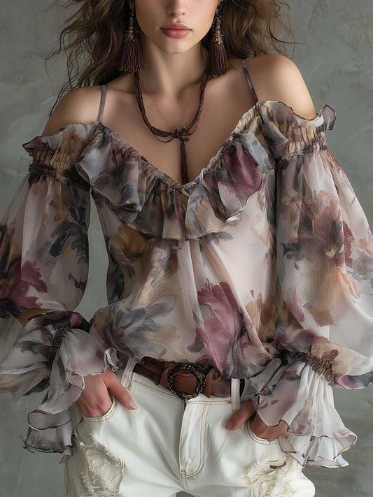 Boho Vintage Floral Off-Shoulder Chiffon Blouse