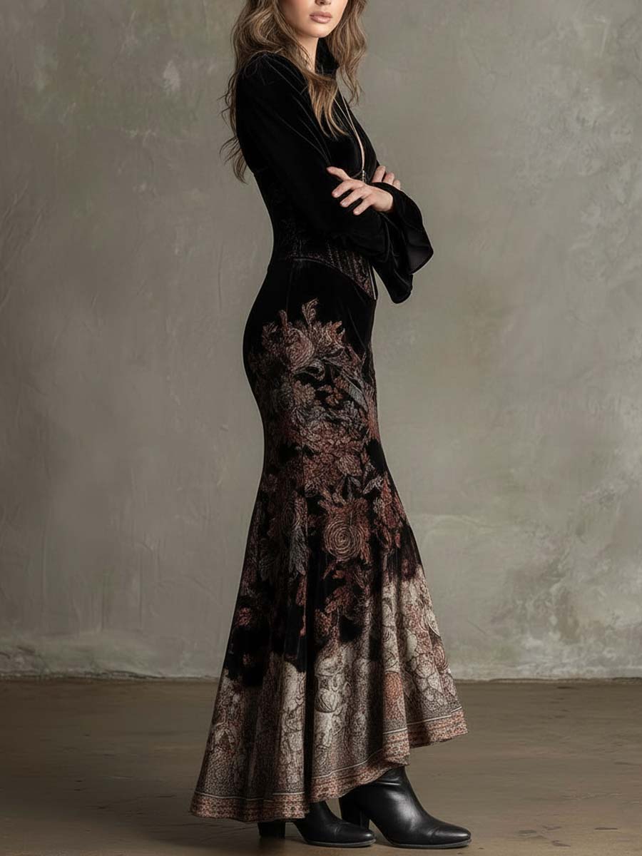 Baroque Floral Velvet Maxi Dress With Corset Waist