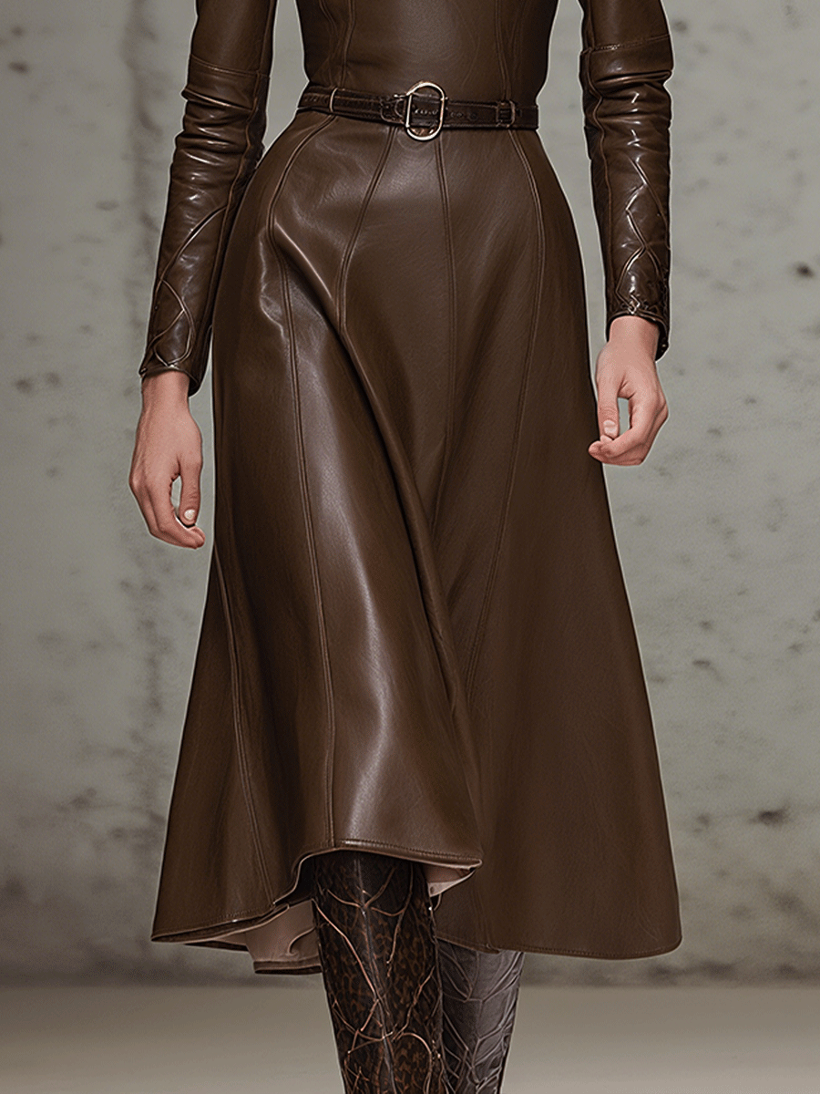 Retro Fashion Chocolate Faux Leather A-Line Midi Dress (With Belt)