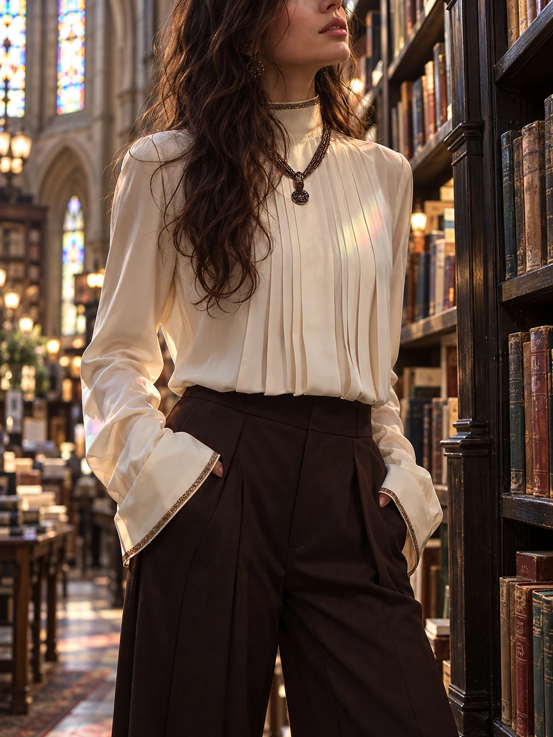 Pleated Front Blouse With Ribbon-Trimmed Collar And Cuffs