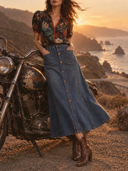 Mid Blue Vintage Wash Button-Front Denim Midi Skirt