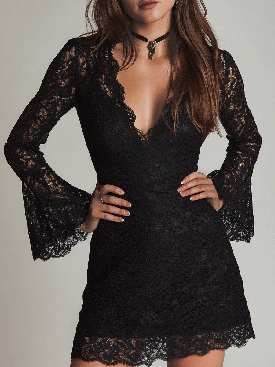 Romantic Gothic Elegance Black Lace Boho Mini Dress