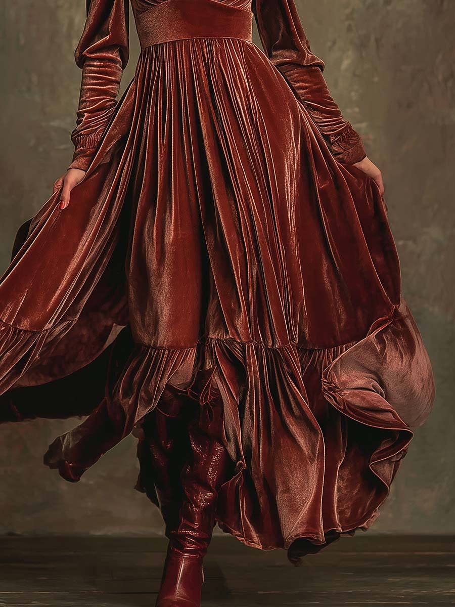 Elegant Bohemian Velvet Maxi With Draped Silhouette