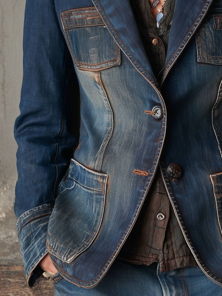 Vintage Washed Denim Patch Pocket Blazer