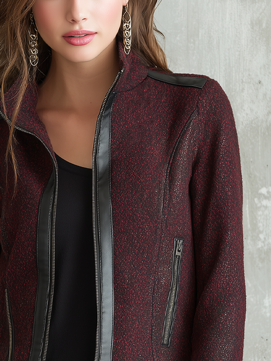 Vintage Eco-leather Trim Zipper Tweed Jacket