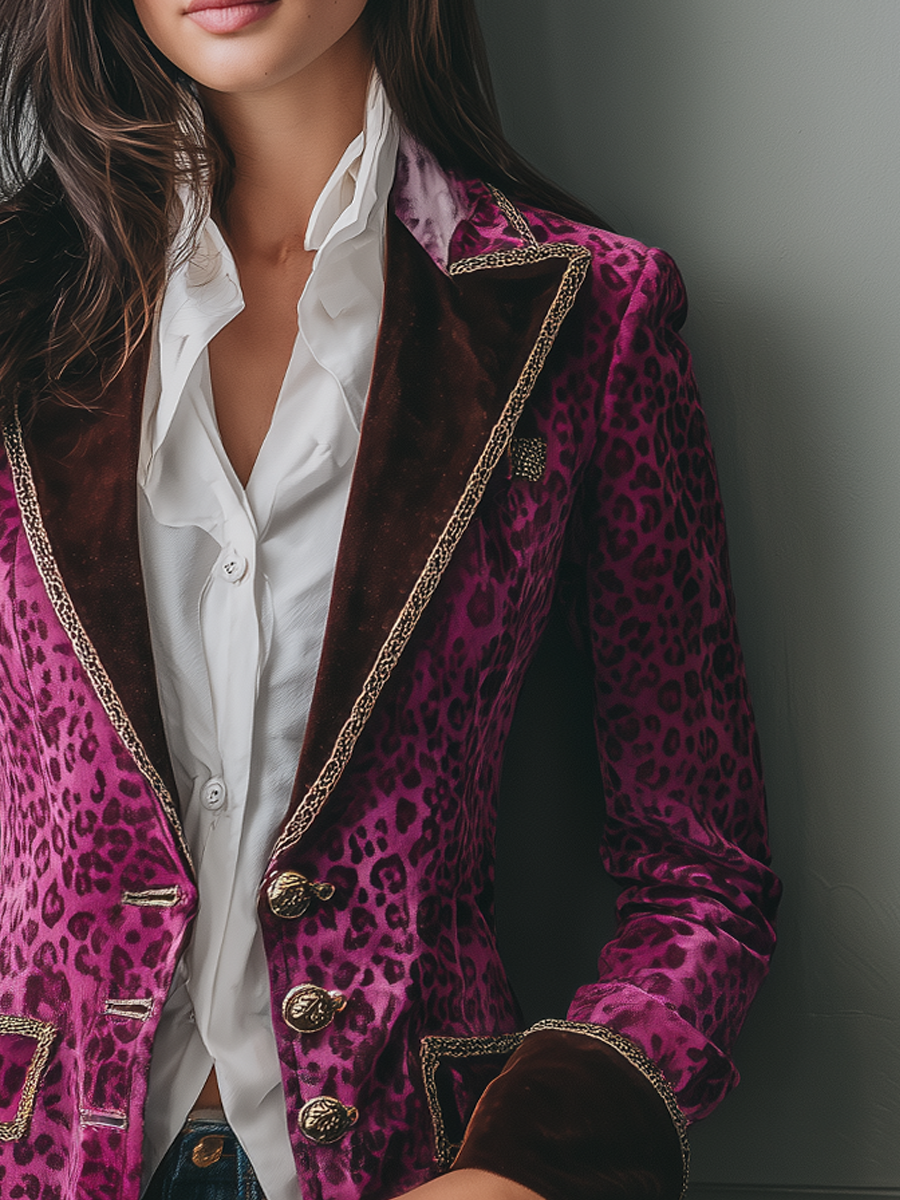 Retro Contrast Collar Metal Trim Leopard Print Velvet Blazer