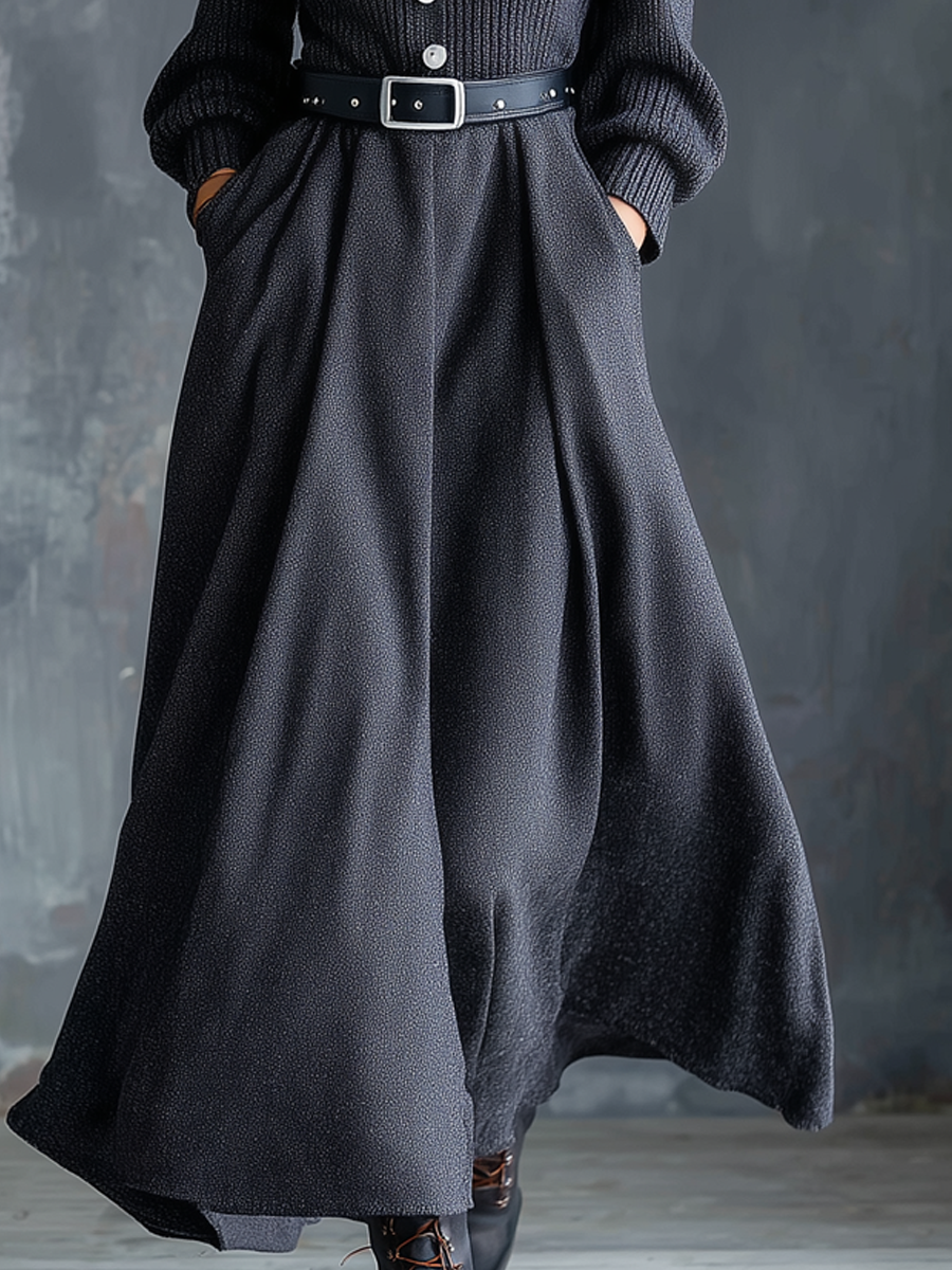 Retro High Collar Button Pocket Knitted Midi Dress