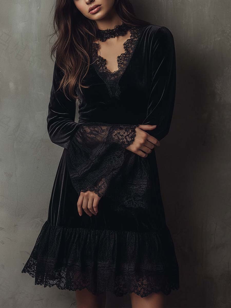 Black Velvet Lace Trim Mini Dress – Vintage Noir Elegance