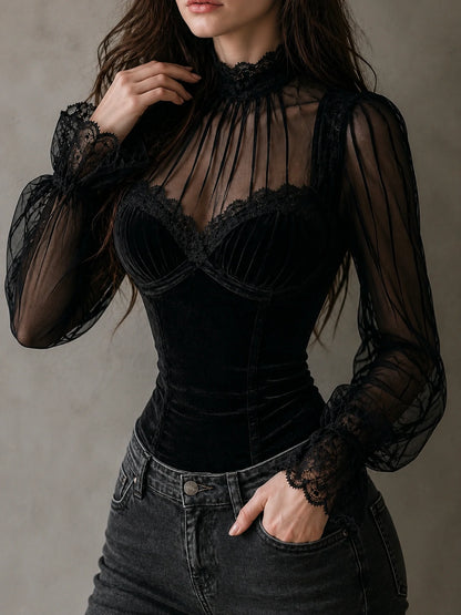 Chic Black Velvet Sheer Sleeves Corset Top With Lace Trim