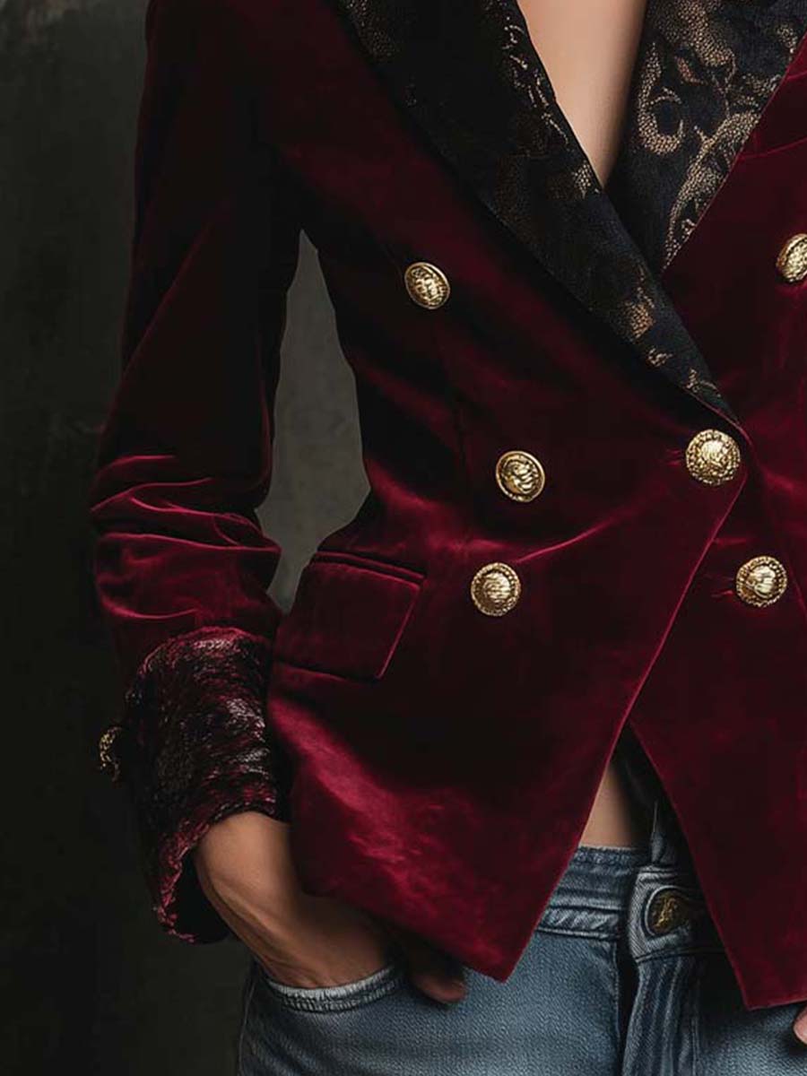 Burgundy Velvet Blazer With Printed Lapel And Cuffs