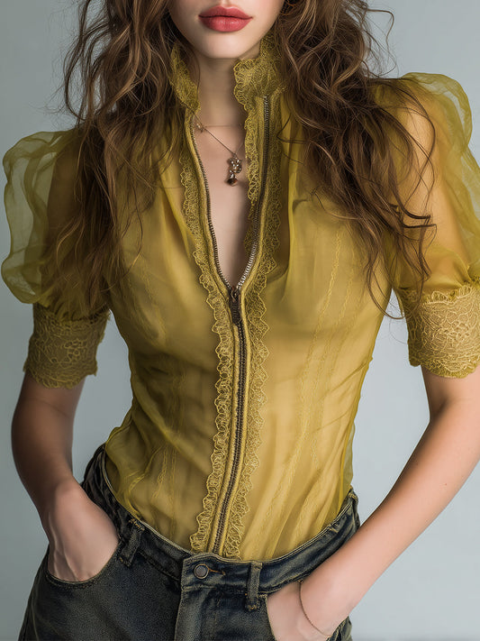 Victorian Lace Trim Zip Front Short Sleeve Blouse