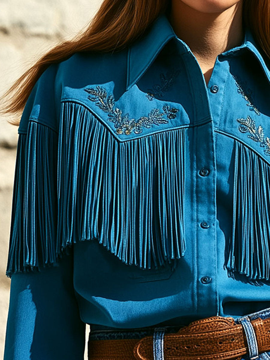 Turquoise Western Fringe Shirt Jacket With Embroidered Yoke