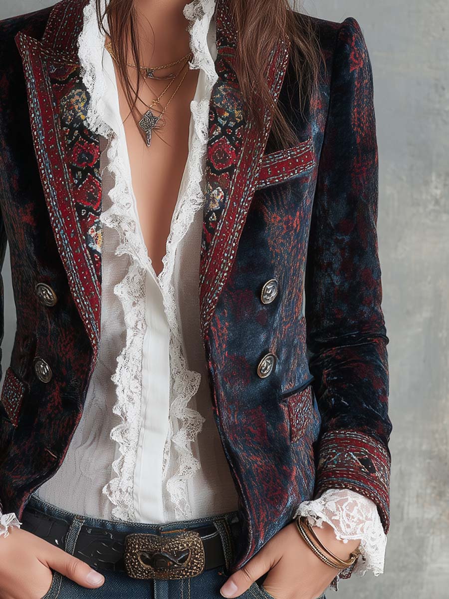 Retro Polyester Velvet Printed Double-breasted Blazer