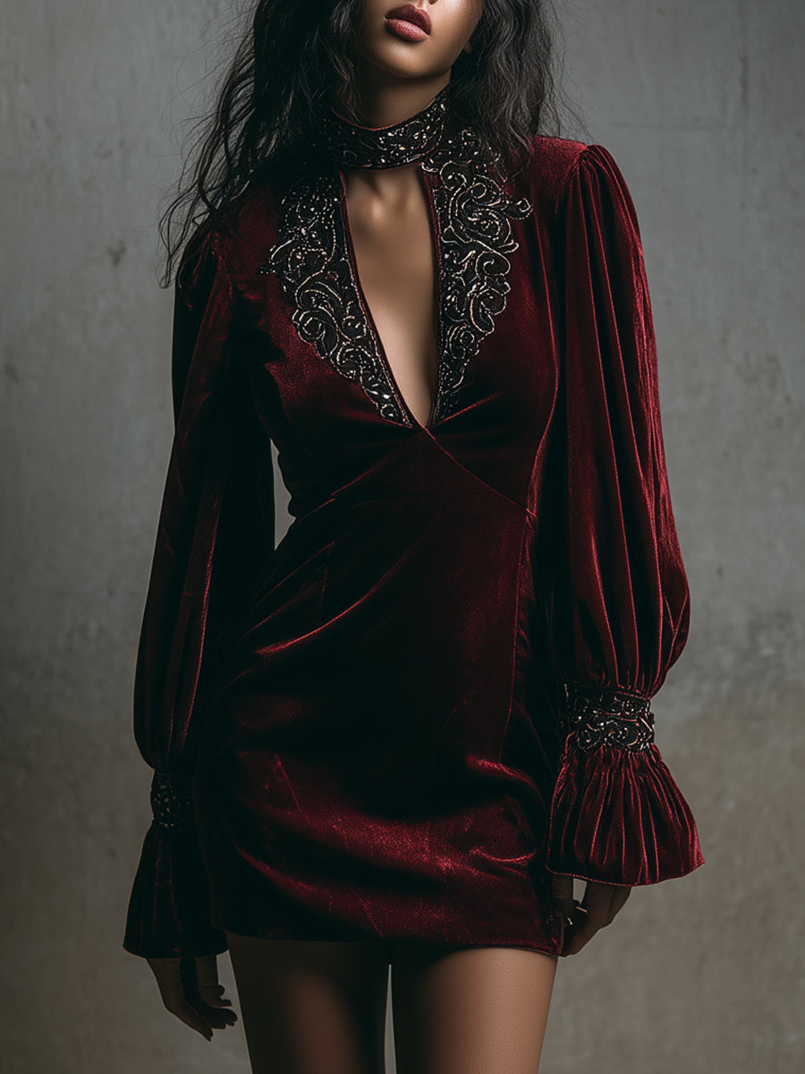 Quiet Luxury Embroidered Keyhole Collar Polyester Velvet Mini Dress