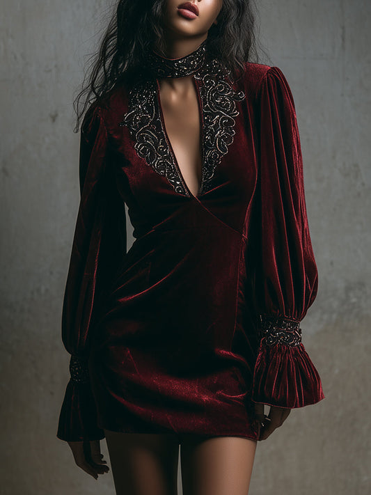 Quiet Luxury Embroidered Keyhole Collar Polyester Velvet Mini Dress