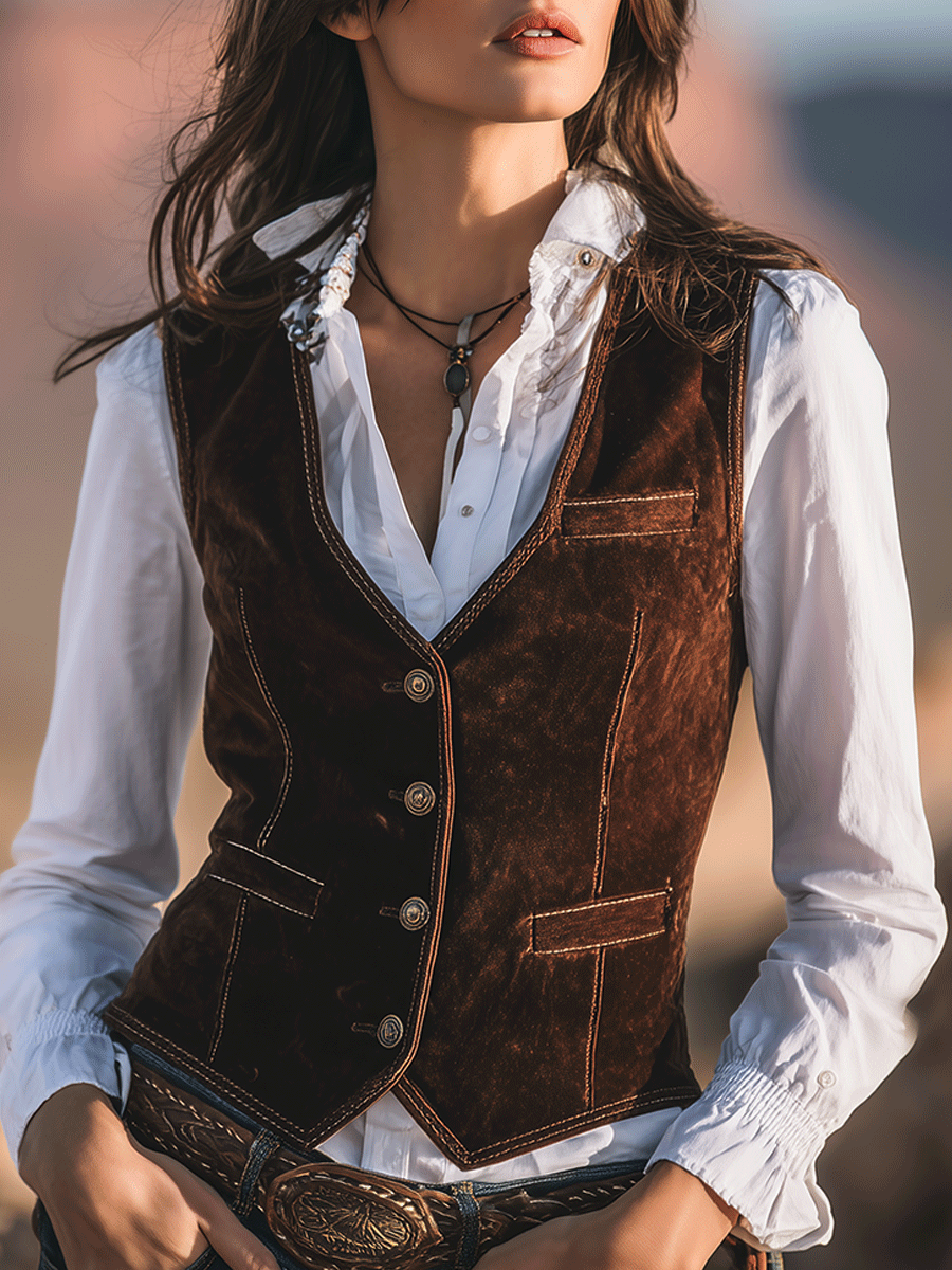 Country Western Cowboy Brown Slim Fit Faux Suede Vest